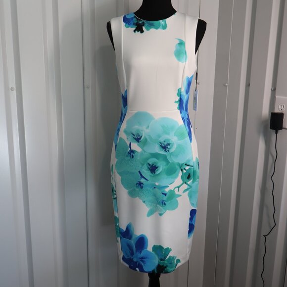 Calvin Klein Women's White Blue Teal Scuba Sheath Dress Sleeveless Size 4 NWT - Picture 1 of 9